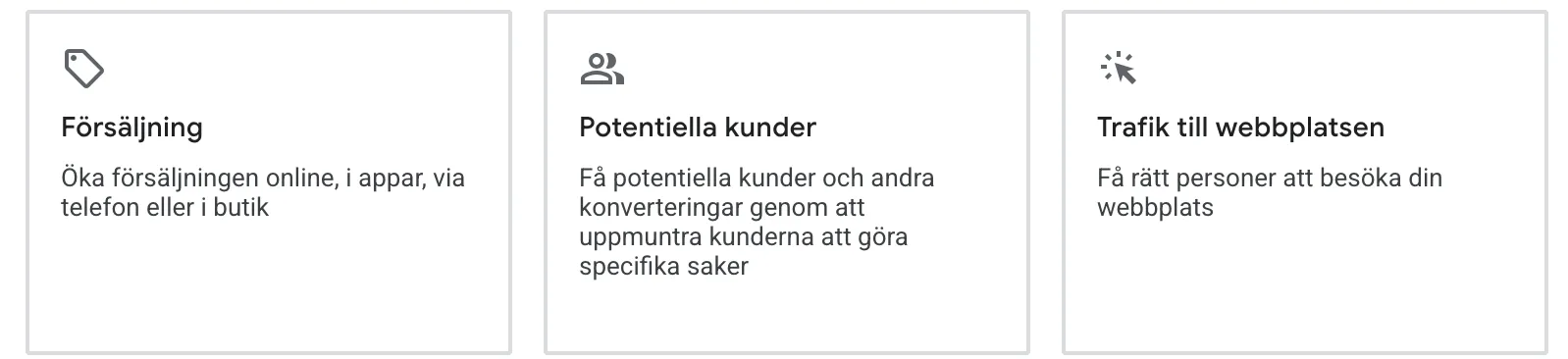 Val av kampanjmål i Google Ads: försäljning, leads, webbplatstrafik