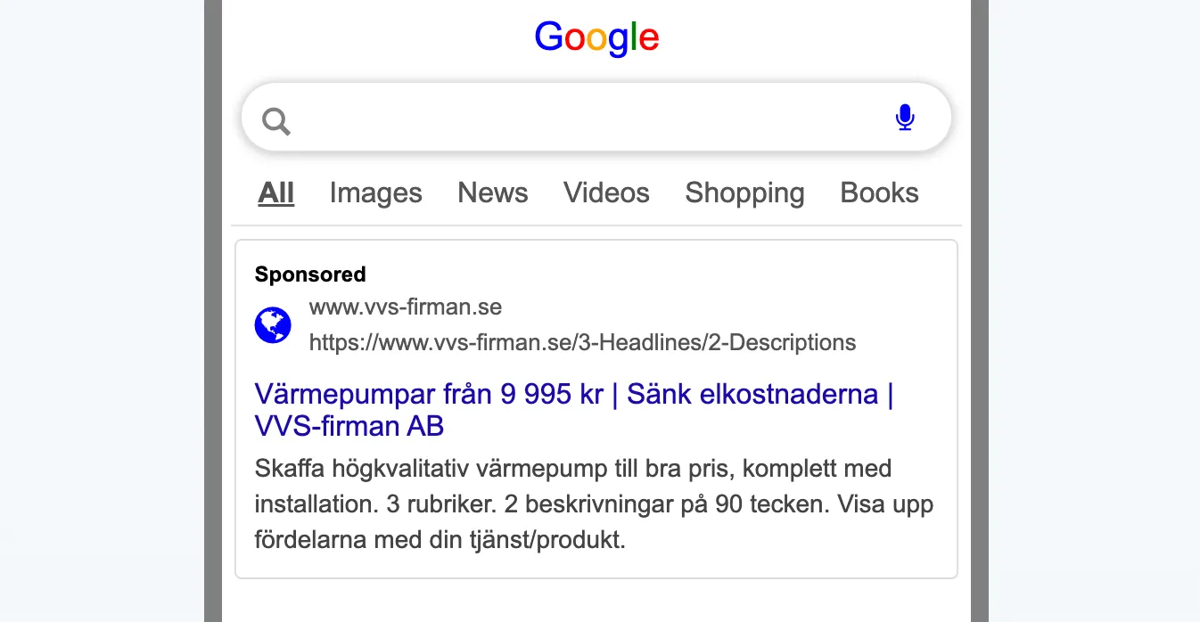 Responsiv sökannons i Google Ads med rubriker och beskrivningar