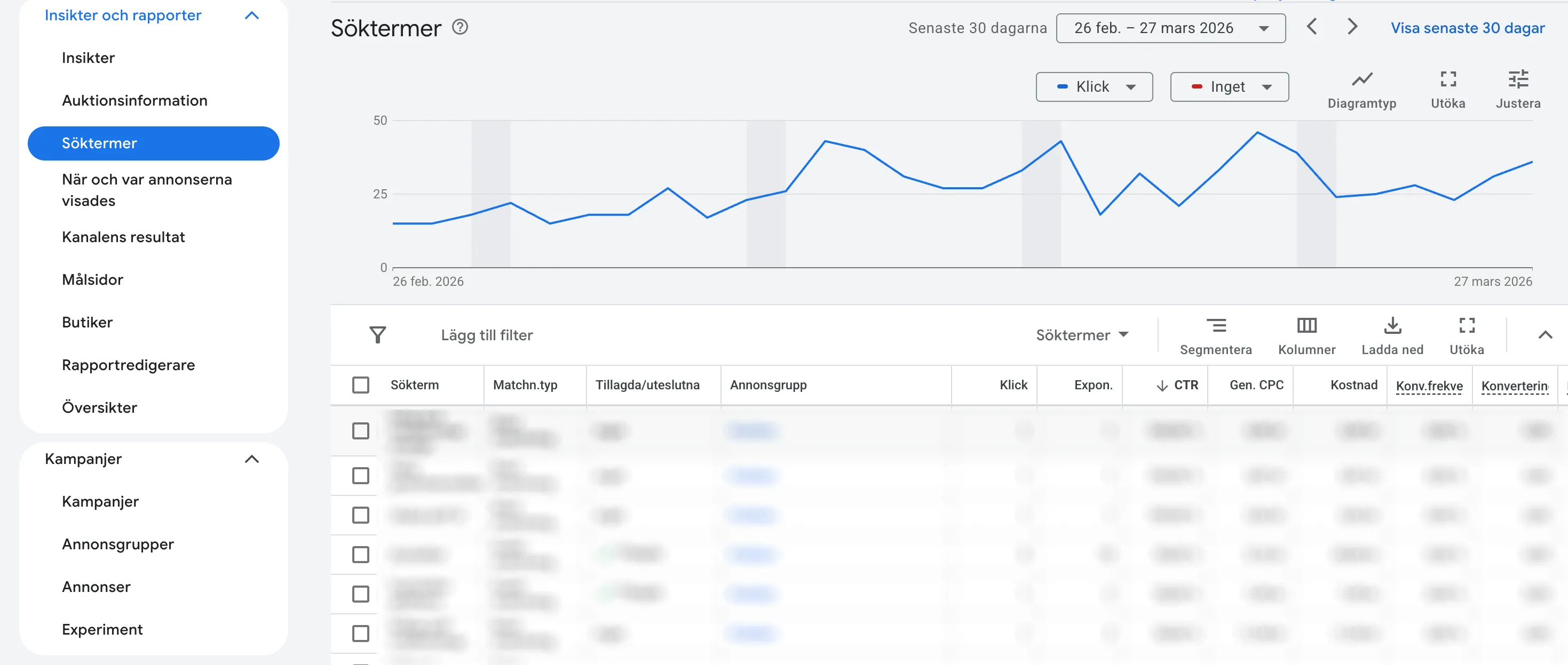 Söktermsrapporten i Google Ads med exempel på sökningar som triggat annonsen